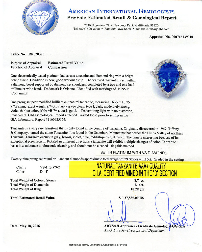 Bright Tanzanite Pear Shaped Ring