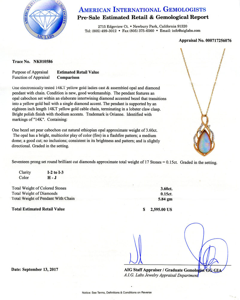 14K gold Opal and Diamond Pendant