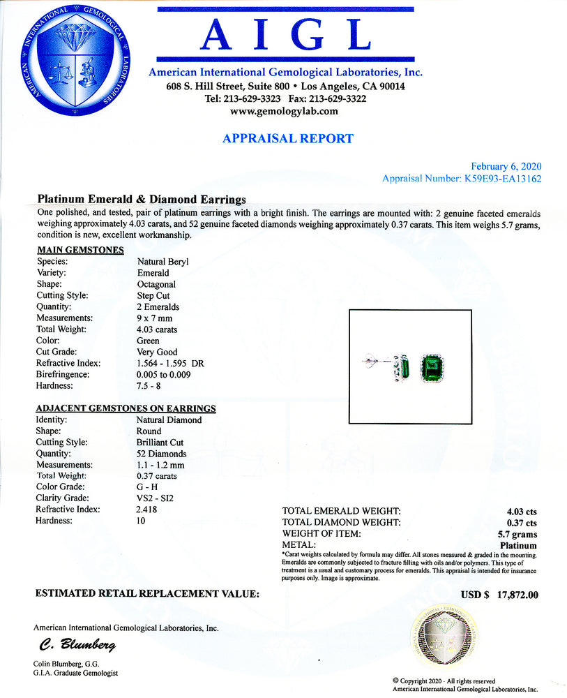 Platinum Emerald & Diamond Earrings
